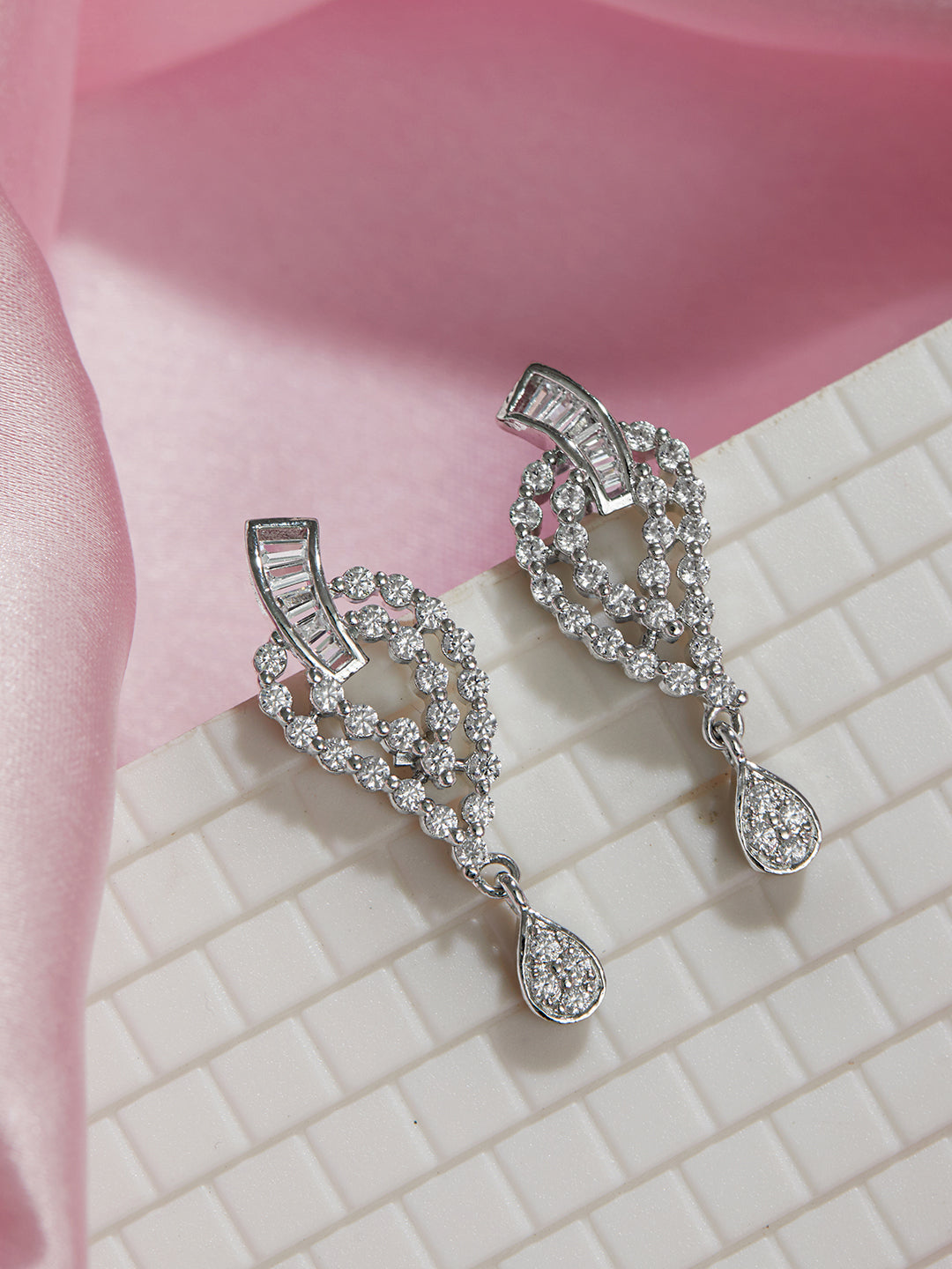 925 Sterling Silver Cubic Zirconia Studded Quirky Drop Earrings
